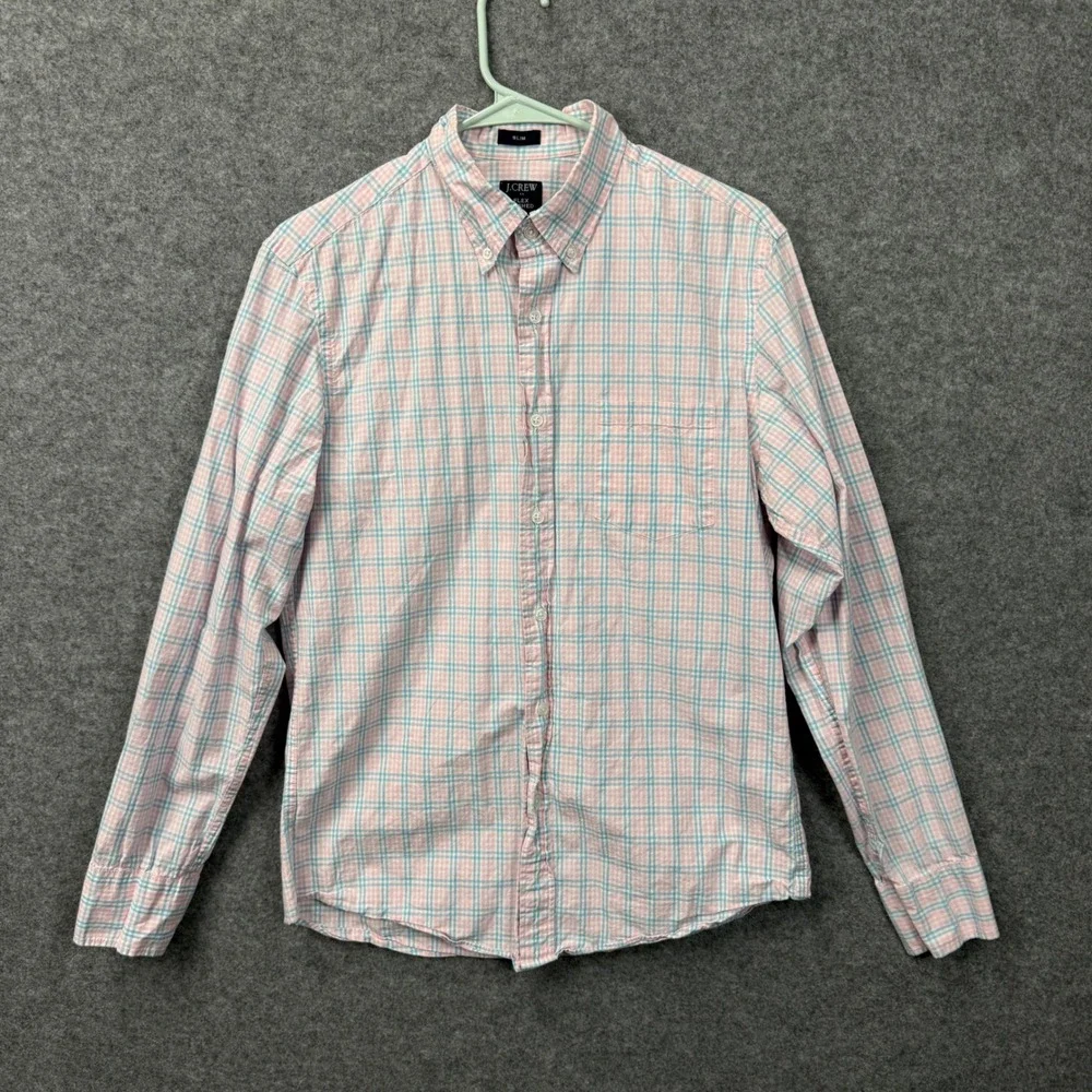 J. Crew Slim Fit Flex‎ Washed Plaid Button Down Shirt Men's Medium Pink Blue